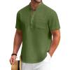 COOFANDY Men’s Cotton Linen Henley Shirt Short Sleeve Hippie Casual Beach T-Shirts with Pocket(Army Green)