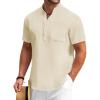 COOFANDY Men’s Cotton Linen Henley Shirt Short Sleeve Hippie Casual Beach T-Shirts with Pocket(Beige)