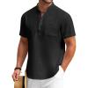 COOFANDY Men’s Cotton Linen Henley Shirt Short Sleeve Hippie Casual Beach T-Shirts with Pocket(Black)