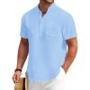 COOFANDY Men’s Cotton Linen Henley Shirt Short Sleeve Hippie Casual Beach T-Shirts with Pocket(Blue)