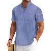COOFANDY Men’s Cotton Linen Henley Shirt Short Sleeve Hippie Casual Beach T-Shirts with Pocket(Blue Striped)
