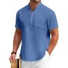 COOFANDY Men’s Cotton Linen Henley Shirt Short Sleeve Hippie Casual Beach T-Shirts with Pocket(Denim Blue)