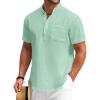 COOFANDY Men’s Cotton Linen Henley Shirt Short Sleeve Hippie Casual Beach T-Shirts with Pocket(Green)