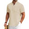 COOFANDY Men’s Cotton Linen Henley Shirt Short Sleeve Hippie Casual Beach T-Shirts with Pocket(Light Khaki)