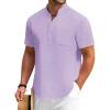 COOFANDY Men’s Cotton Linen Henley Shirt Short Sleeve Hippie Casual Beach T-Shirts with Pocket(Light Purple)