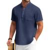 COOFANDY Men’s Cotton Linen Henley Shirt Short Sleeve Hippie Casual Beach T-Shirts with Pocket(Navy Blue)