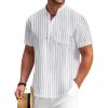 COOFANDY Men’s Cotton Linen Henley Shirt Short Sleeve Hippie Casual Beach T-Shirts with Pocket(White Striped)