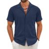 COOFANDY Mens Cotton Linen Shirt Casual Button Down Short Sleeve Shirts Summer Cuban Vacation Beach Shirts with Pocket(Deep Blue)