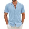 COOFANDY Mens Cotton Linen Shirt Casual Button Down Short Sleeve Shirts Summer Cuban Vacation Beach Shirts with Pocket(Light Blue)