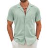 COOFANDY Mens Cotton Linen Shirt Casual Button Down Short Sleeve Shirts Summer Cuban Vacation Beach Shirts with Pocket(Light Green)