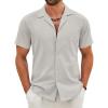 COOFANDY Mens Cotton Linen Shirt Casual Button Down Short Sleeve Shirts Summer Cuban Vacation Beach Shirts with Pocket(Light Grey)