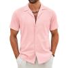 COOFANDY Mens Cotton Linen Shirt Casual Button Down Short Sleeve Shirts Summer Cuban Vacation Beach Shirts with Pocket(Light Pink)