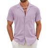 COOFANDY Mens Cotton Linen Shirt Casual Button Down Short Sleeve Shirts Summer Cuban Vacation Beach Shirts with Pocket(Light Purple)