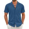 COOFANDY Mens Cotton Linen Shirt Casual Button Down Short Sleeve Shirts Summer Cuban Vacation Beach Shirts with Pocket(Navy Blue)