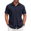 COOFANDY Mens Cuban Guayabera Shirt Short Sleeve Linen Button Down Shirts Casual Summer Beach Tops(A-navy Blue)