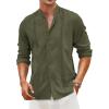 COOFANDY Men’s Cuban Guayabera Shirts Casual Long Sleeve Button Down Shirts Band Collar Linen Summer Beach Shirts(Army Green)