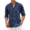 COOFANDY Men’s Cuban Guayabera Shirts Casual Long Sleeve Button Down Shirts Band Collar Linen Summer Beach Shirts(Navy Blue)