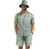 COOFANDY Men’s Hawaiian Shirt and Short Set Flower 2-pieces Beach Outfit with Bucket Hats(Green White Leaves)