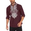 COOFANDY Men’s Henley Shirt Vyshyvanka Long Sleeve African Print Shirts Casual Zip Up Cotton Linen Beach Hippie Shirt(Dark Red)
