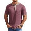 COOFANDY Mens Henley Shirts Short Sleeve Casual Button T-Shirts Basic Tee Shirts Summer Vintage T Shirts with Pocket(Dark Red)