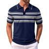 COOFANDY Men’s Knit Polo Shirts Casual Short Sleeve Button Down Shirts Crochet Classic Golf Polo Collared Shirts(Blue With Gray Stripes)