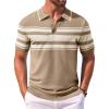 COOFANDY Men’s Knit Polo Shirts Casual Short Sleeve Button Down Shirts Crochet Classic Golf Polo Collared Shirts(Khaki With White Stripes)
