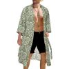 COOFANDY Men’s Lightweight Kimono Robe Japanese Bathrobes Open Front Long Cardigan Cloak with Belt(Green-white)