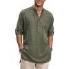 COOFANDY Men’s Linen Henley Shirts Long Sleeve Collarless T-Shirts Longline Kurta Beach Shirts with Pocket(Army Green)