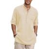COOFANDY Men’s Linen Henley Shirts Long Sleeve Collarless T-Shirts Longline Kurta Beach Shirts with Pocket(Beige)