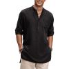 COOFANDY Men’s Linen Henley Shirts Long Sleeve Collarless T-Shirts Longline Kurta Beach Shirts with Pocket(Black)