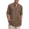 COOFANDY Men’s Linen Henley Shirts Long Sleeve Collarless T-Shirts Longline Kurta Beach Shirts with Pocket(Brown)