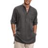 COOFANDY Men’s Linen Henley Shirts Long Sleeve Collarless T-Shirts Longline Kurta Beach Shirts with Pocket(Dark Grey)