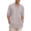 COOFANDY Men’s Linen Henley Shirts Long Sleeve Collarless T-Shirts Longline Kurta Beach Shirts with Pocket(Grey)