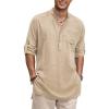 COOFANDY Men’s Linen Henley Shirts Long Sleeve Collarless T-Shirts Longline Kurta Beach Shirts with Pocket(Khaki)