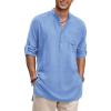 COOFANDY Men’s Linen Henley Shirts Long Sleeve Collarless T-Shirts Longline Kurta Beach Shirts with Pocket(Light Blue)