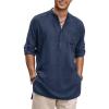 COOFANDY Men’s Linen Henley Shirts Long Sleeve Collarless T-Shirts Longline Kurta Beach Shirts with Pocket(Navy Blue)