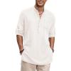COOFANDY Men’s Linen Henley Shirts Long Sleeve Collarless T-Shirts Longline Kurta Beach Shirts with Pocket(White)