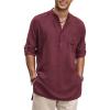 COOFANDY Men’s Linen Henley Shirts Long Sleeve Collarless T-Shirts Longline Kurta Beach Shirts with Pocket(Wine Red)