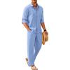 COOFANDY Mens Linen Sets 2 Piece Long Sleeve Button Down Cuban Shirt and Pants Set Summer Beach Set Outfits(Light Blue)