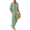 COOFANDY Mens Linen Sets 2 Piece Long Sleeve Button Down Cuban Shirt and Pants Set Summer Beach Set Outfits(Light Green)