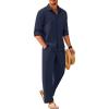 COOFANDY Mens Linen Sets 2 Piece Long Sleeve Button Down Cuban Shirt and Pants Set Summer Beach Set Outfits(Navy Blue)