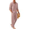 COOFANDY Mens Linen Sets 2 Piece Long Sleeve Button Down Cuban Shirt and Pants Set Summer Beach Set Outfits(Pink)