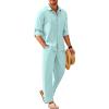 COOFANDY Mens Linen Sets 2 Piece Long Sleeve Button Down Cuban Shirt and Pants Set Summer Beach Set Outfits(Sky Blue)