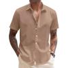 COOFANDY Mens Linen Shirt Casual Short Sleeve Button Down Shirts Summer Beach Vacation Tops(Dark Khaki)