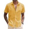 COOFANDY Mens Linen Shirt Casual Short Sleeve Button Down Shirts Summer Beach Vacation Tops(Lemon Chrome)