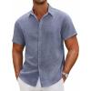 COOFANDY Mens Linen Shirt Casual Short Sleeve Button Down Shirts Summer Beach Vacation Tops(Navy Blue)