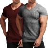 COOFANDY Men’s Muscle T Shirts Stretch Short Sleeve V Neck Bodybuilding Workout Tee Shirts Ribbed Knit Shirt(Wine Red/Dark Grey-2 Pack)