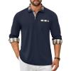 COOFANDY Men’s Polo Shirt Long Sleeve Casual Button Polo Tee Plaid Collared Golg Shirt with Pocket(Dark Blue)