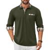 COOFANDY Men’s Polo Shirt Long Sleeve Casual Button Polo Tee Plaid Collared Golg Shirt with Pocket(Deep Army Green)