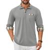 COOFANDY Men’s Polo Shirt Long Sleeve Casual Button Polo Tee Plaid Collared Golg Shirt with Pocket(Grey)